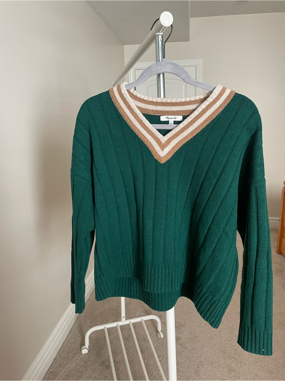 Madewell Forest Green V-Neck Ribbed Sweater with Cream and Tan Trim